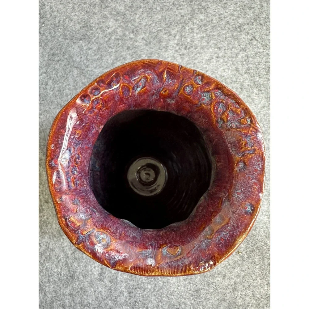 Signed Studio Art Pottery Textured Brown Glaze Vase Burgundy Interior 7.75 Inch